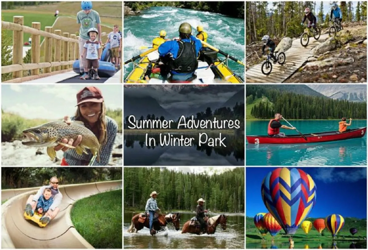 A lively summer scene with families rafting, biking, fishing, kayaking, and enjoying hot air balloon rides. The setting is vibrant, with plenty of green space and water activities, reflecting the area's year-round outdoor adventure offerings.