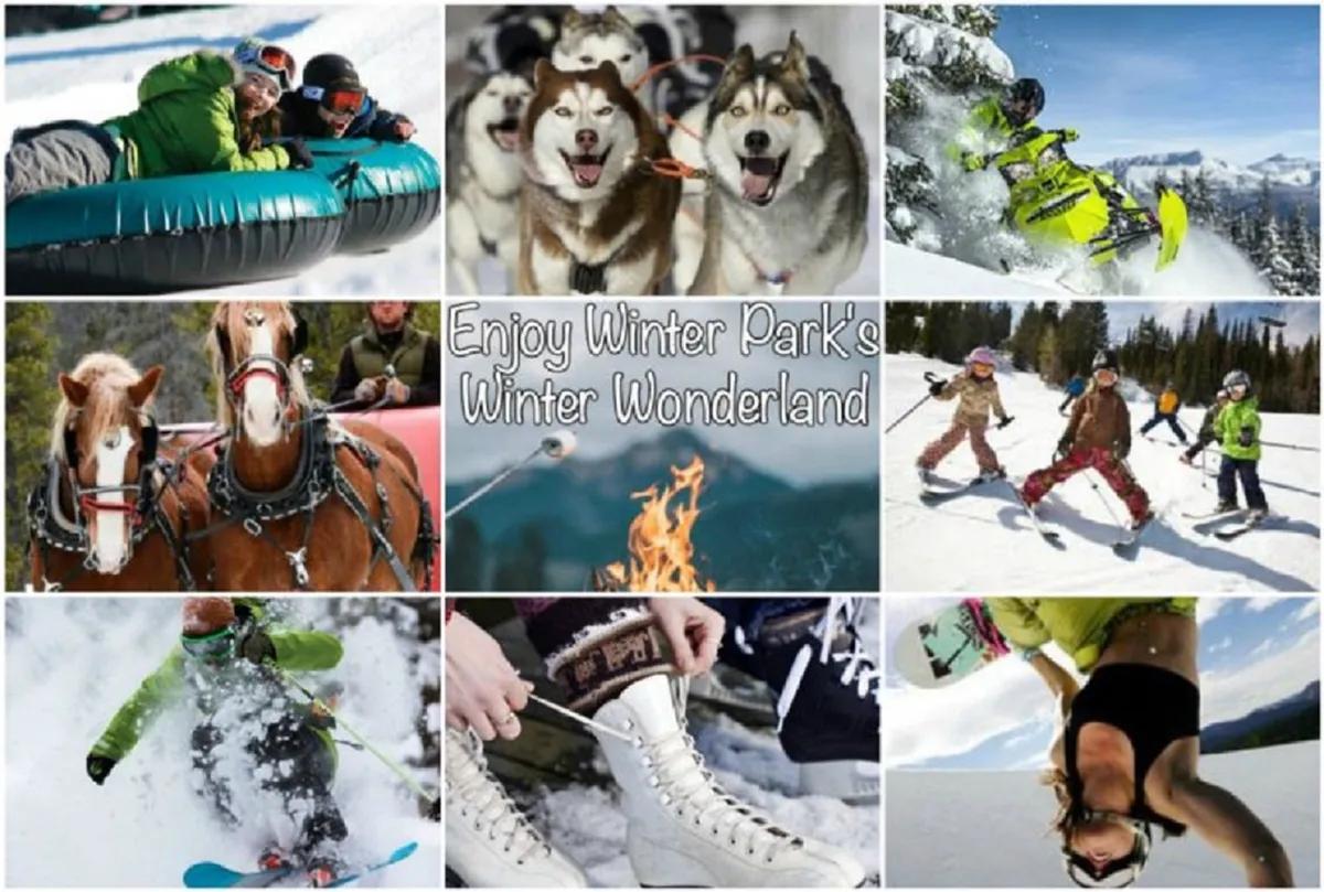 An energetic winter scene with families and kids enjoying snow tubing, skiing, snowboarding, dog sledding, and sleigh rides. Elements like the fire pit and huskies add a festive, communal vibe, evoking joyful family moments in the snow.