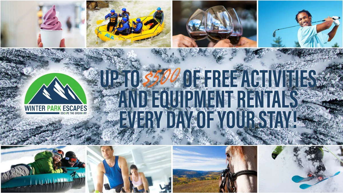 A dynamic exterior scene capturing guests engaged in a variety of outdoor adventure activities, including white-water rafting, skiing, horseback riding, and golfing, set against a backdrop of mountains. The mood is energetic and inviting, perfectly illustrating the thrill and diversity of year-round recreational options available in the area.
